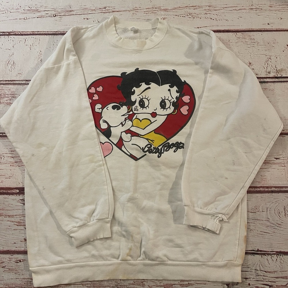 Vintage Betty Boop &‎ Pudgy White Sweater Distressed Women's Size XL Made In USA